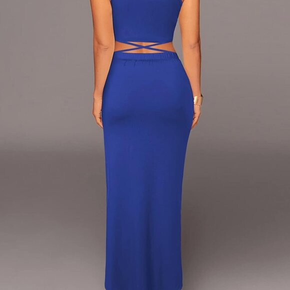 Women's 2 Piece Skirt Set Maxi Dress High Waist Slit Sleeveless Bodycon - Picture 2 of 6